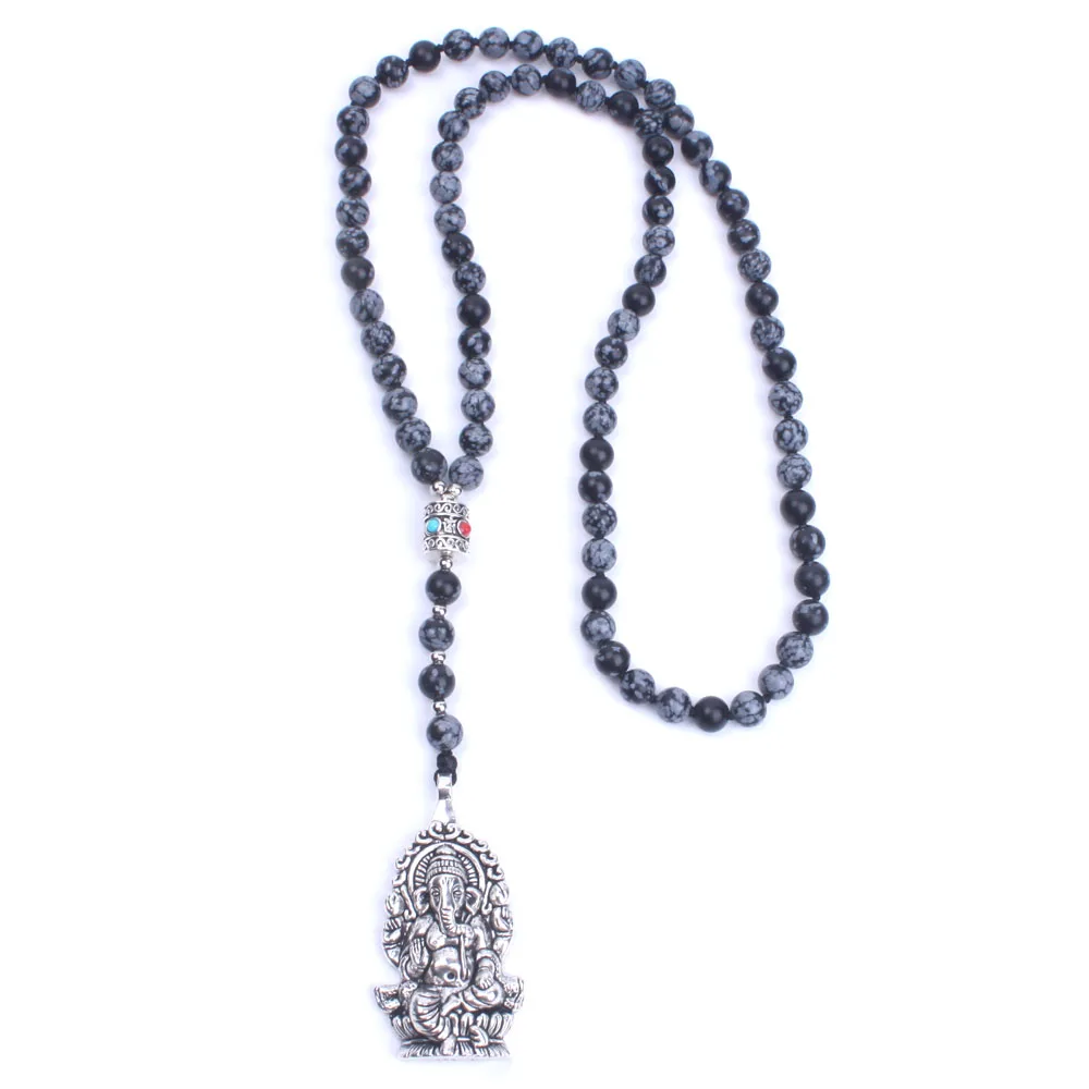 Ganesha Pendant Necklace For Men&Women Natural Snowflake Stone Knotted Soft Meditation Amulet Jewelry