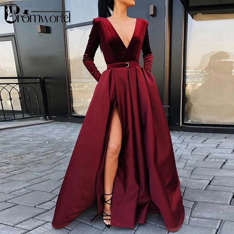 Burgundy Muslim Prom Dresses 2024 V-Neck Velour Satin Formal Dress With Pockets High Slit Elegant Long Sleeve Evening Gowns