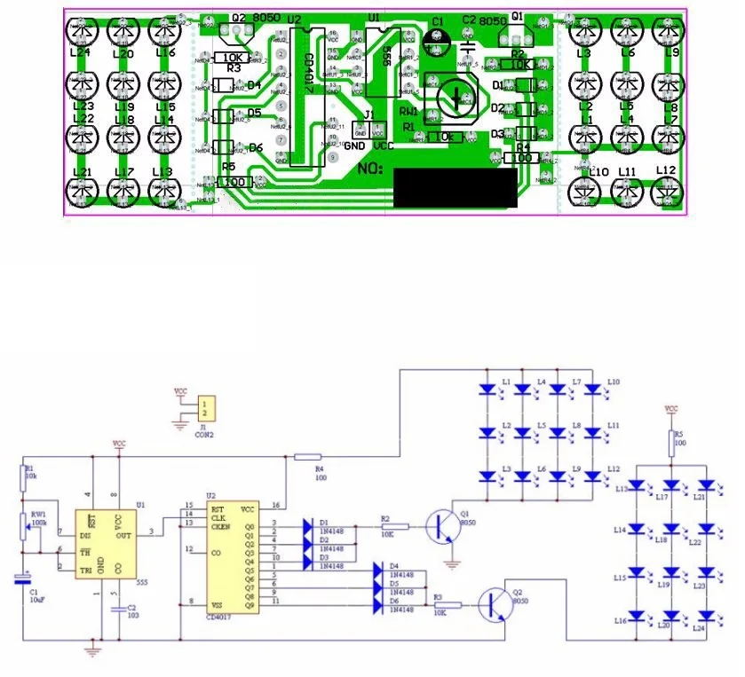 1. introdução. Esta suíte adota o circuito claro da simulação feito com ne555 e cd4017, o diodo emissor de luz azul e o diodo emissor de luz vermelho piscaram altern