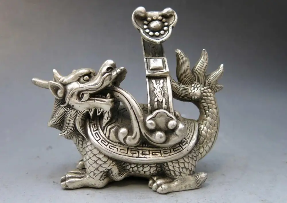 China silver handwork carved beautiful as one wishes dragon turtle Statue