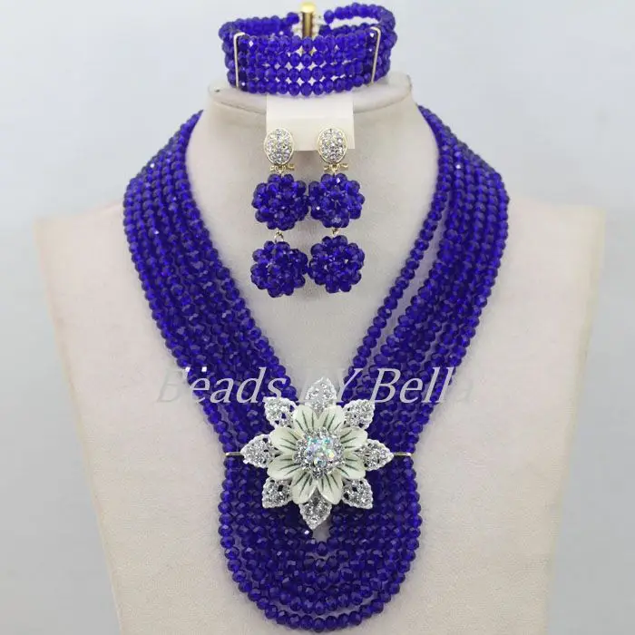 New Royal Blue African Beads Jewelry Set Nigerian Wedding Crystal Beads Necklace Bridal Lace Jewelry Sets  ABF521