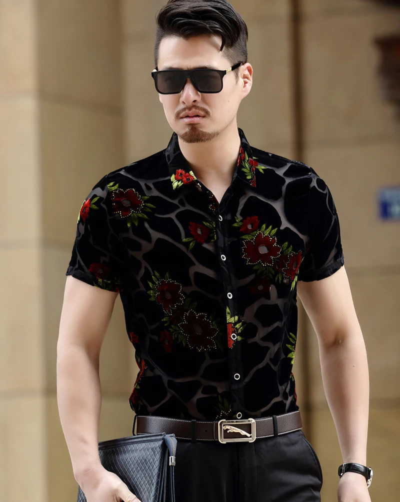 Luxury Floral Embroidery Lace Shirt Men 2023 New Sexy Transparent Mens Dress Shirts See Through Party Clubwear Male Social Shirt