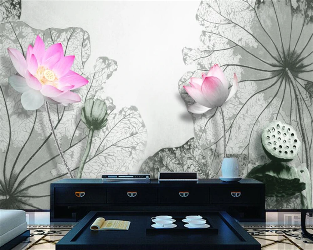 

Beibehang Custom wallpaper mural home decoration background mural ink rhyme 3D lotus TV background wall mural photo 3d wallpaper