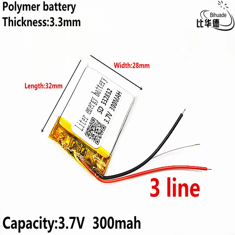 3 line Liter energy battery 3.7V,300mAH,332832 Polymer lithium ion / Li-ion battery for TOY,POWER BANK,GPS,mp3,mp4