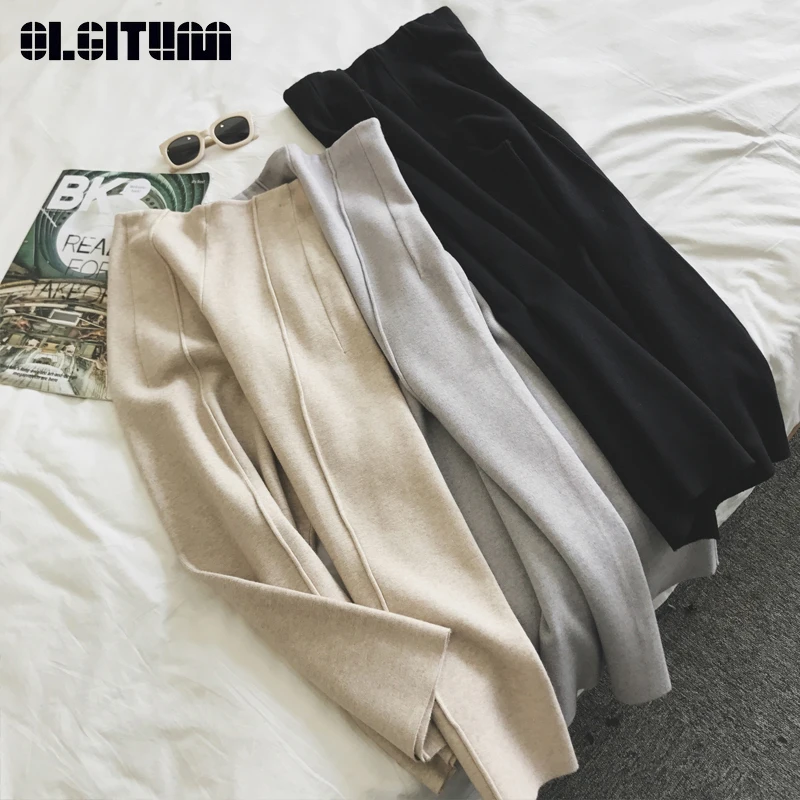 

New 2020 Hot Sale Winter Knitted Women Pants High Waist Loose Ankle Length Wide Leg Pants Thicken Warm Trousers Female