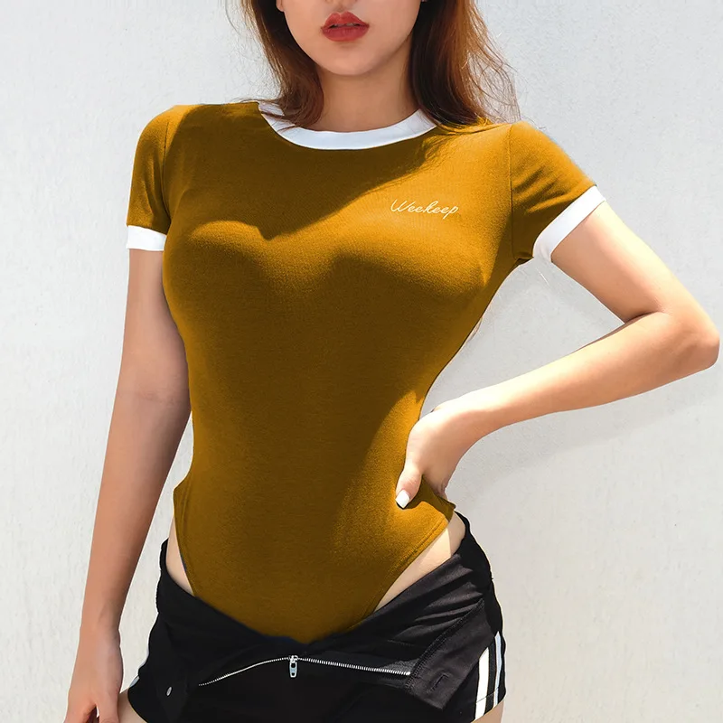 Solid Bodysuit Casual Letter Printed O Neck Bodysuit Short Sleeve  Bodycon Jumpsuit Elegant 2019 Summer Body Femme  XZ307