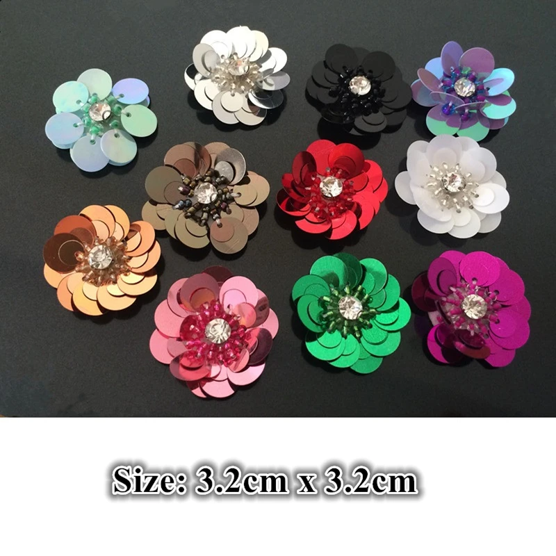 Maxsin Fun Different Color Size Sequins Beads Flower Patch Sew On Clothing Applique DIY Decoration Stickers Random 10PCS/Lot