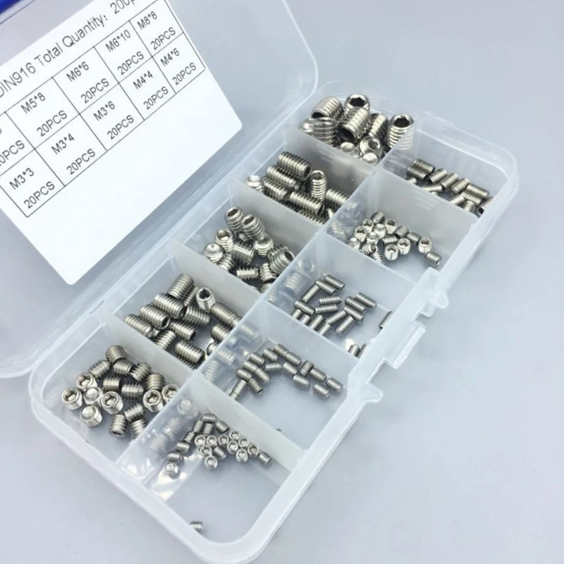 200pcs M3/M4/M5/M6/M8 Grub Screws Hex Socket Screw Stainless Steel Assortment Kit Set Storage Box