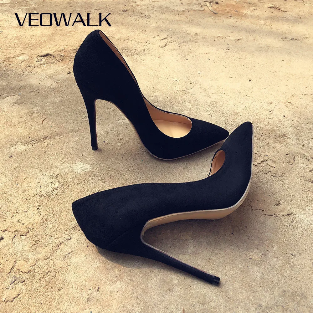 Veowalk Women Suede Stilettos Pumps Elegant Ladies Pointed Toe Classic High Heels Sexy OL Slip on Shoes Black Customized Accept