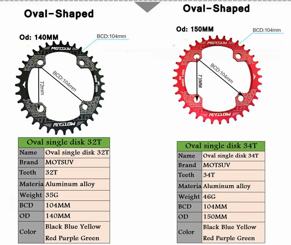 MOTSUV Bicycle Oval Shape Narrow Wide Chainwheel 32T/34T/36T/38T 104BCD Chainring Bike Oval Crankset Single Plate Bicycle Parts