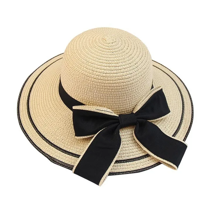 Sun Hat Big Black Bow Summer Hats For Women Foldable Straw Beach Panama Hat Visor Wide Brim Femme Female 2018 New