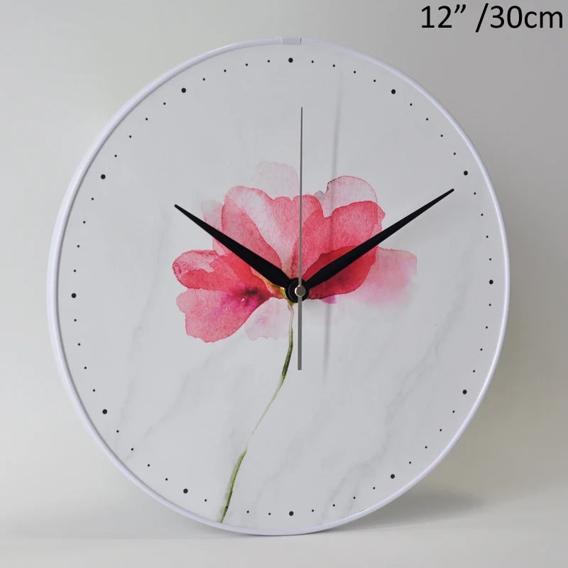 White Pink Flower 30cm Round MDF Wall Clock Mordern 12 Inches Single-sided Home Decor Quiet Quartz Hanging Marble Accents Clock