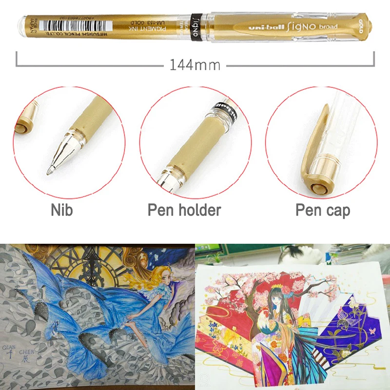 1pcs UNI-153 Gel Ink Signature Pen High Light /Coverage /White Space Paint Oil Stroke Marker 1.0mm Gold/Silver/Black/Blue/Red