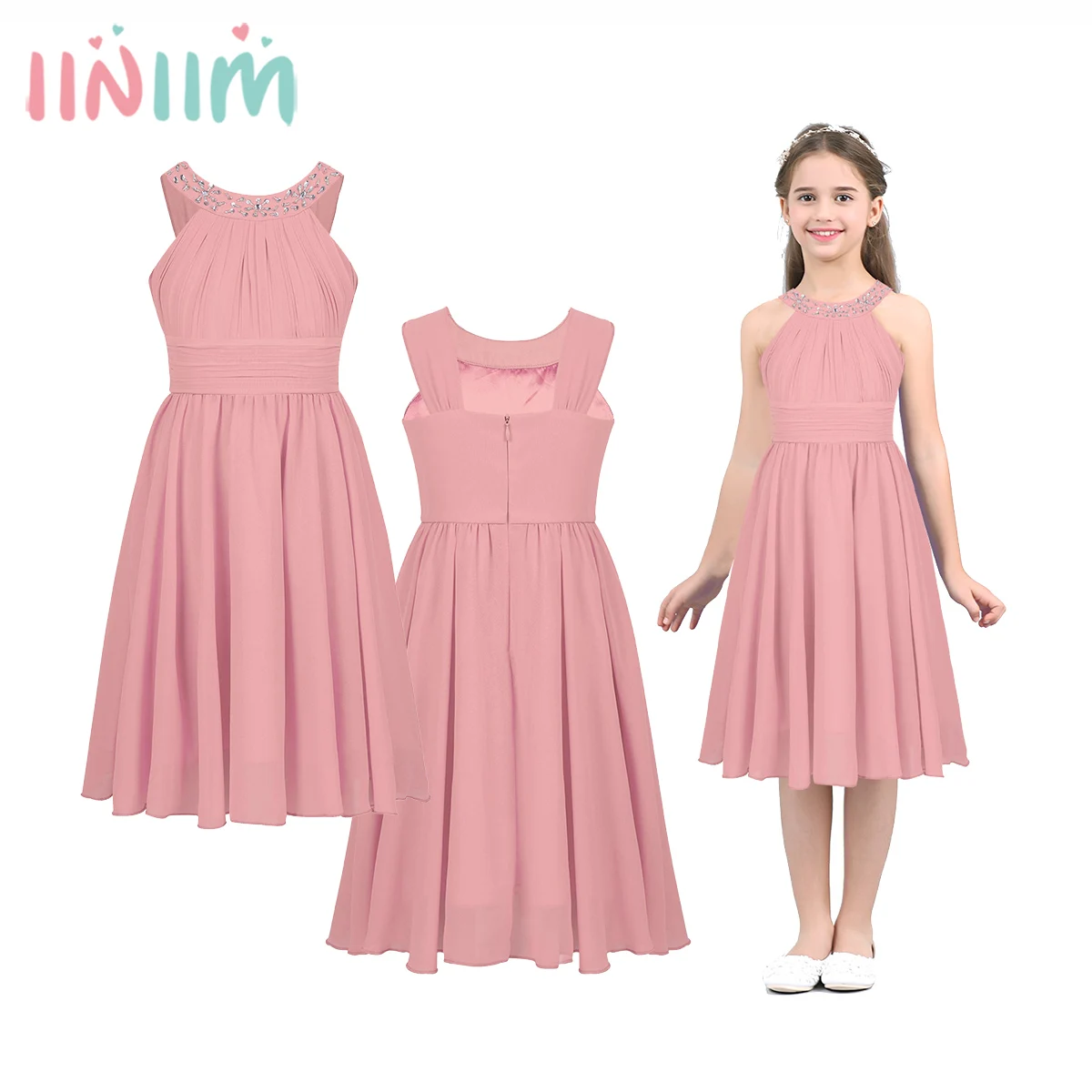 iiniim Girls Summer Party Dress Sleeveless Rhinestone Decor Halter Neck Chiffon Princess Dress for Wedding Flower Girls Birthday