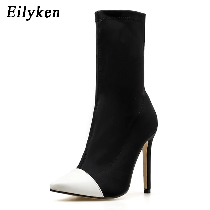 Eilyken Stretch Fabric Short Ankle Boots Women Pointed Toe High Heels Slip On Sexy Sock Zapatillas Mujer