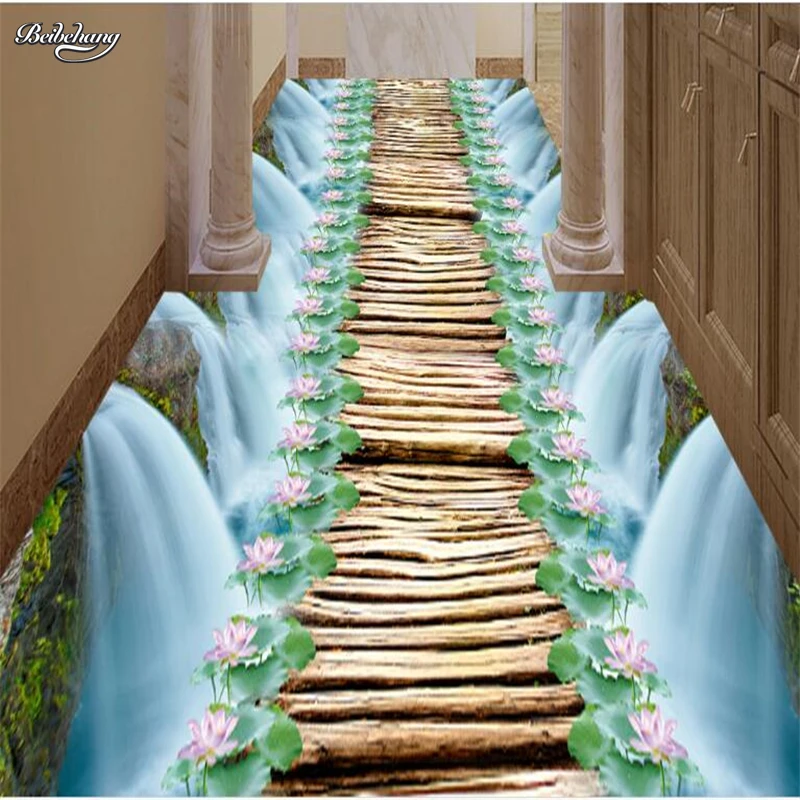 beibehang Custom large mural waterfall lotus pond wooden bridge bathroom 3d floor to paste thick waterproof pvc wearable film