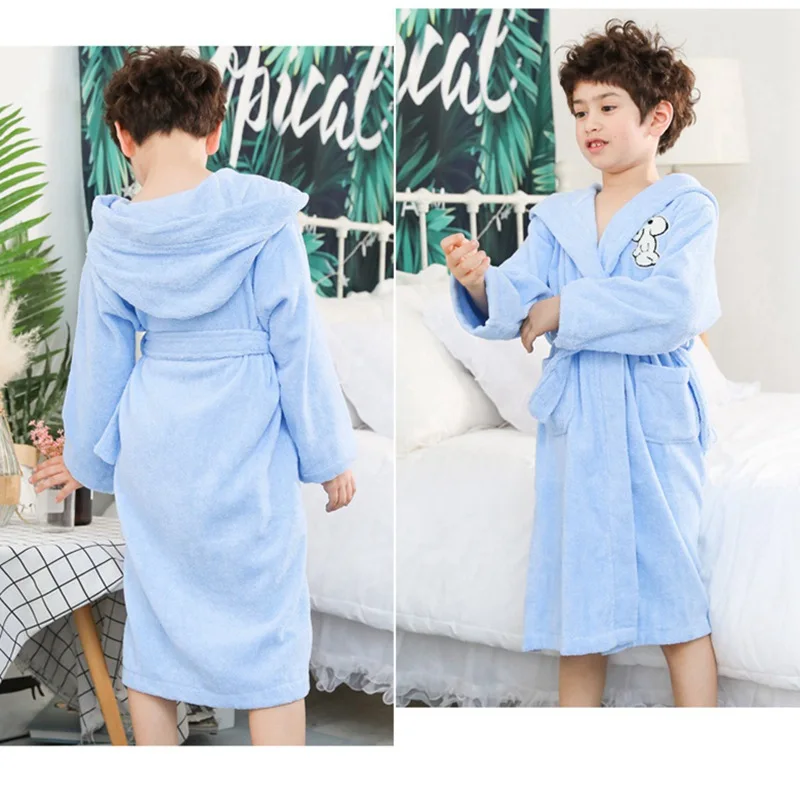 Winter Bathrobe Kids Robe for Children Cotton Warm Long Thick Robe Hooded Dressing Gown Girl Boys Towel Fleece Pajamas Autumn