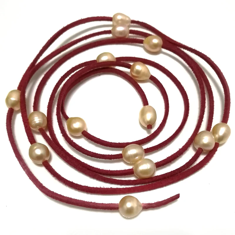 62 inches 9-10mm Natural Pink Oval Fresh Water Pearl Long Chain Women Red Leather Cord Necklace