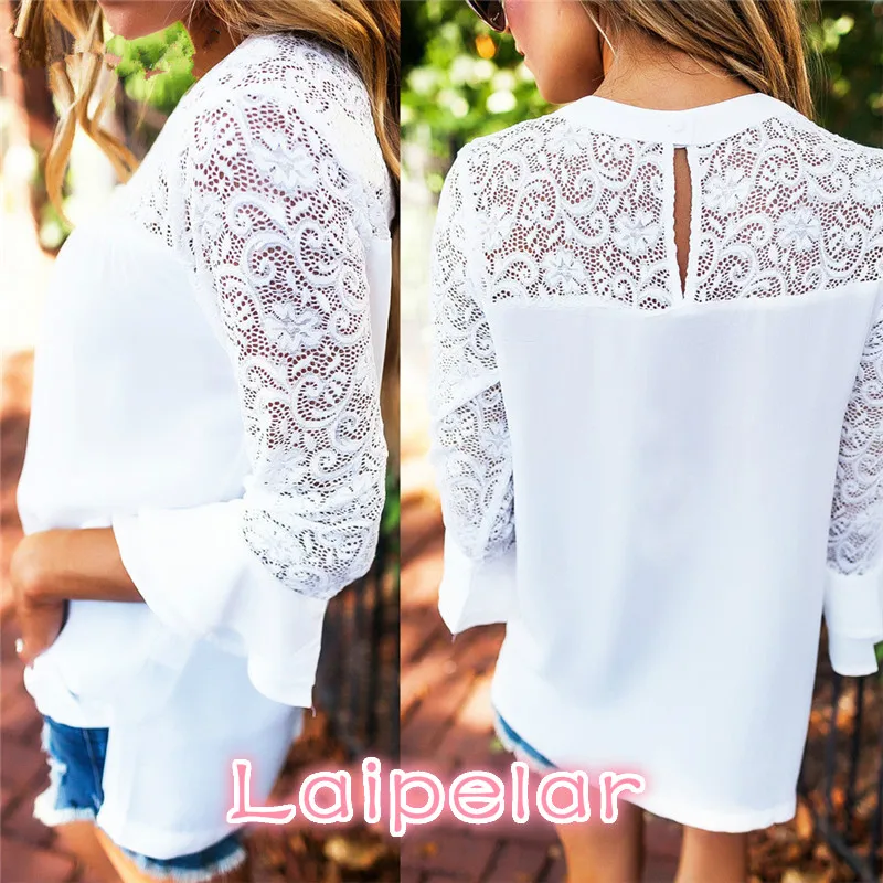 Mulheres blusas de verão branco renda chiffon blusa casual tops babados blusas camisas moda chemise femme camisas blusas femininas