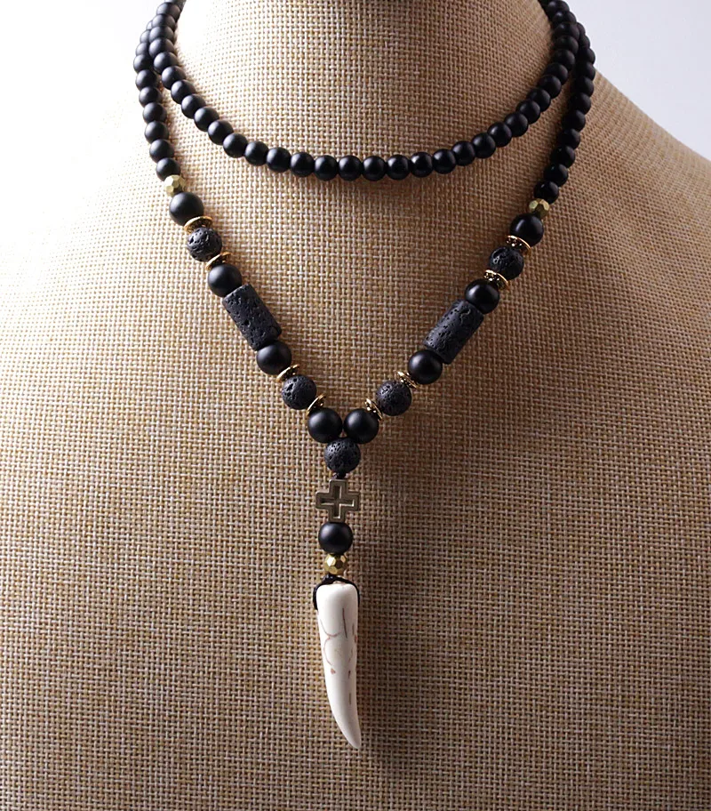 New Design Black BLava Stones Bead with Hematite cross charm pendant necklace Men\'s Bead Necklace