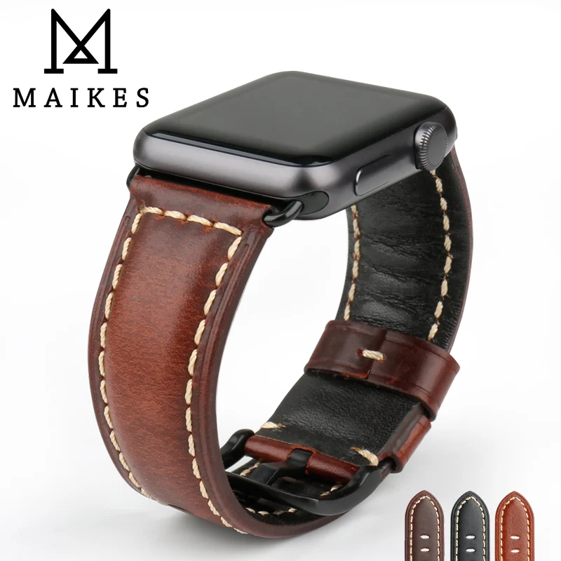 MAIKES Genuine Leather Watchband For Apple Watch Strap 45mm 41mm 42mm 44mm 40mm Series 7 6 SE 5 4 3 iWatch Watch Band