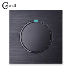 Coswall 1 Gang 1 Way Random Click On / Off Wall Light Switch With LED Indicator Black / Silver Grey Brushed Aluminum Metal Panel