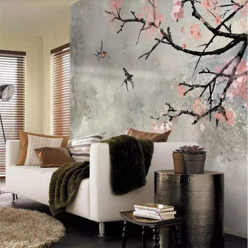 Custom Mural Wallpaper Hand Painted Sakura Flowers And Birds Background Wall Painting