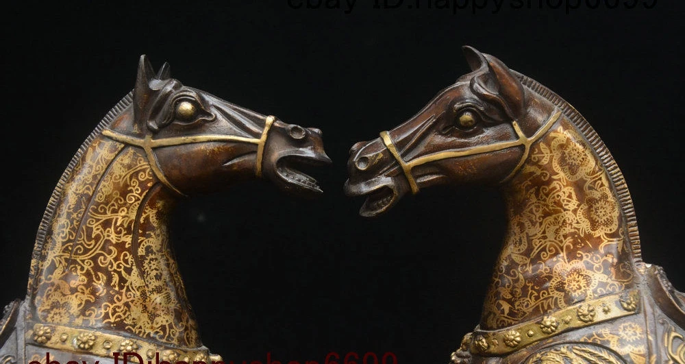 Folk Chinese Copper Bronze Animal Dragon Phoenix War Horse Steed Statue Pair