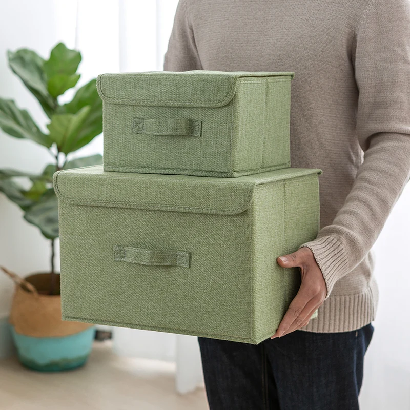 New Large Cotton Linen Fabric Folding Storage Box Foldable Bins For Kids Toys Organizer With Lids Storage Basket Laundry Basket