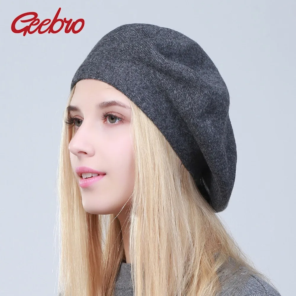 Geebro Women\'s French Beret Hat Spring Causal Plain Black Knit Wool Berets for Ladies Knitted Artist Beret Cap Hats For Woman