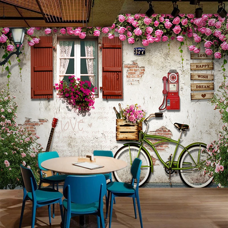 Custom Photo Wallpaper 3D Mediterranean Window Rose Background Wall Murals Pastoral Flowers Restaurant Cafe Decor Wall Cloth 3 D