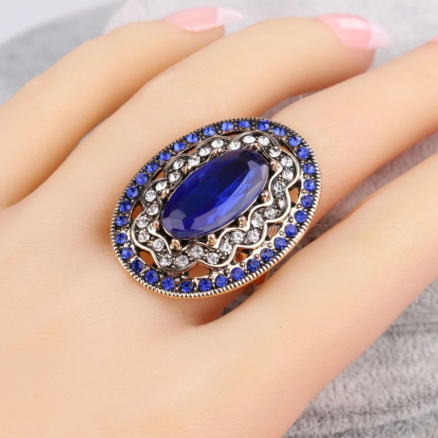 2020 New Charm Blue Big Ring Color Ancient Gold Vintage Wedding Rings For Women Mosaic White Crystal Fashion Jewelry