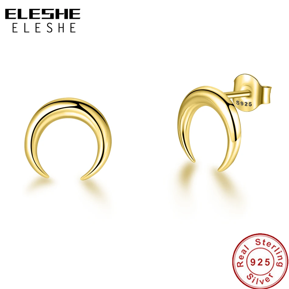 ELESHE Fashion 925 Sterling Silver Moon Shape Small Stud Earrings For Women Shiny Gold Color Earrings Wedding Engagement Jewelry