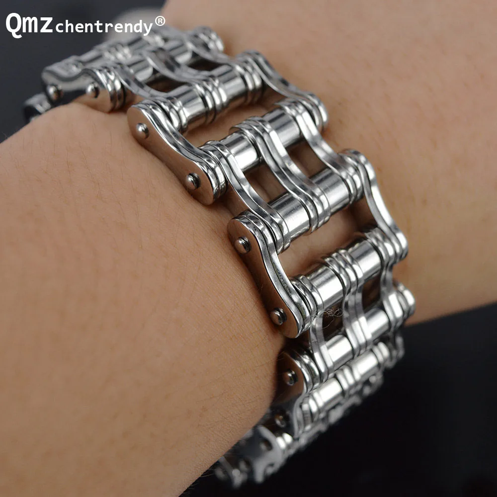 Wider Stainless Steel Double Rows Motor Jewelry Huge Heavy Men Motorcycle Biker Chain Punk Rocker Bracelets