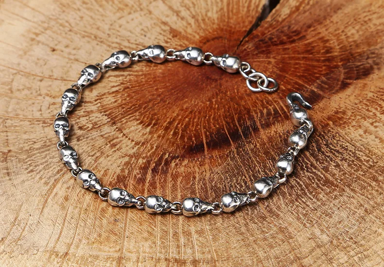 100% 925 Silver Skull Bracelet Vintage Sterling Silver Skeleton Chain Bracelet Real Pure Silver Skull Bracelet Jewelry Gift