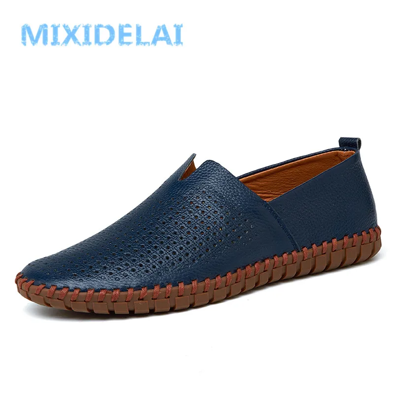 MIXIDELAI Genuine Cow Leather Mens Loafers Fashion Handmade Moccasins Soft Leather Blue Slip On Men\'s Boat Shoe PLUS SIZE 38~47