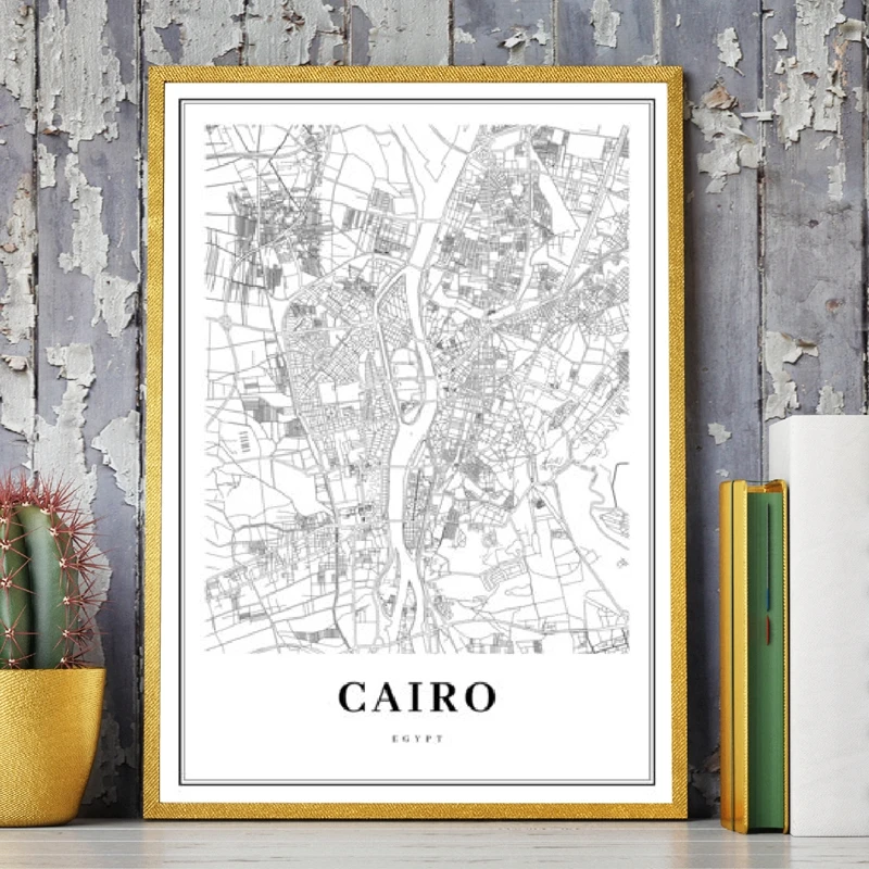 Cairo Map Poster Print , Alexandria Egypt Giza Arab Africa City Street Road Map Canvas Painting Wall Pictures Office Home Decor