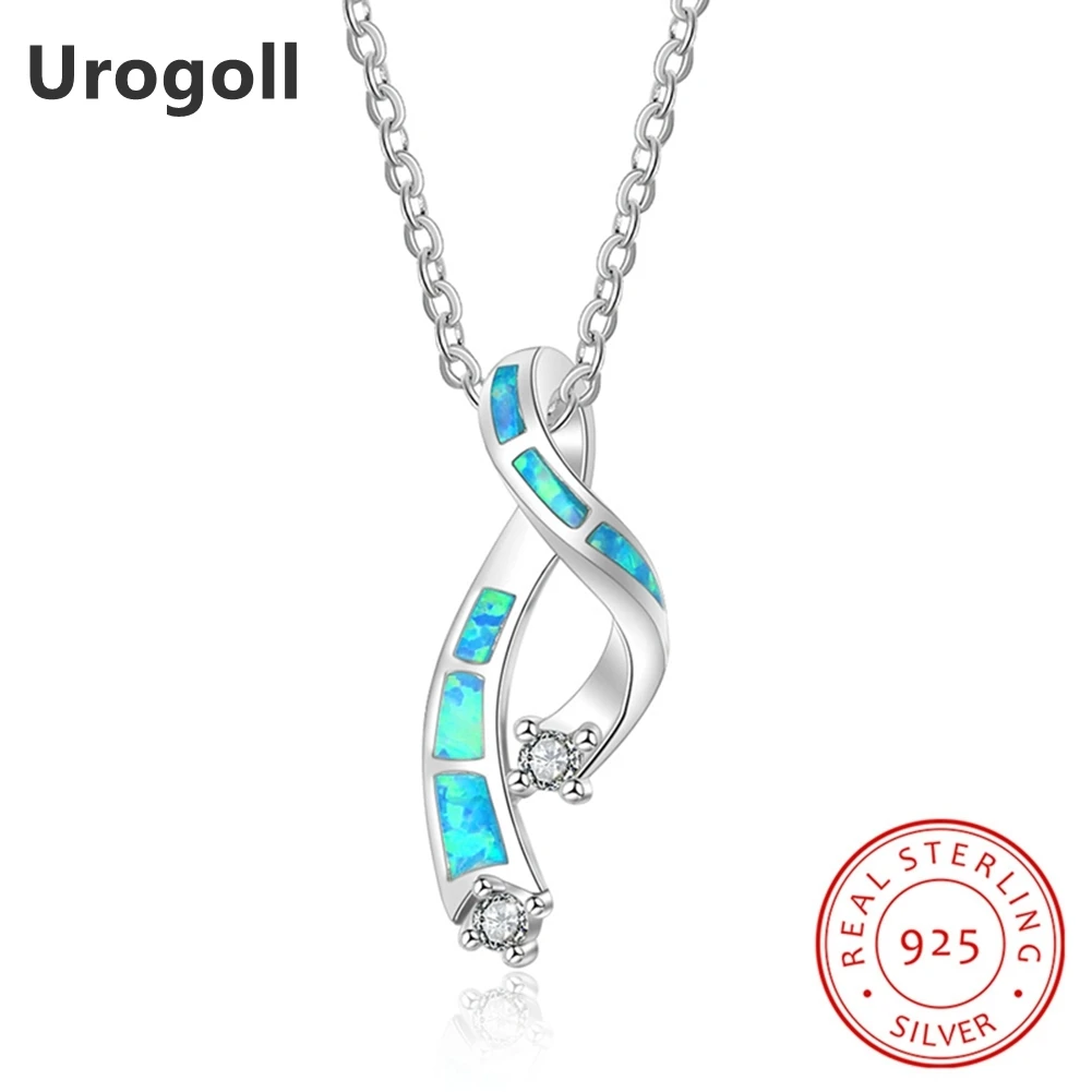 

Genuine 925 Sterling Silver Fine Jewelry Blue Opal Geometric Pendant Necklaces For Women Anniversary Silver 925 Jewelry Gifts