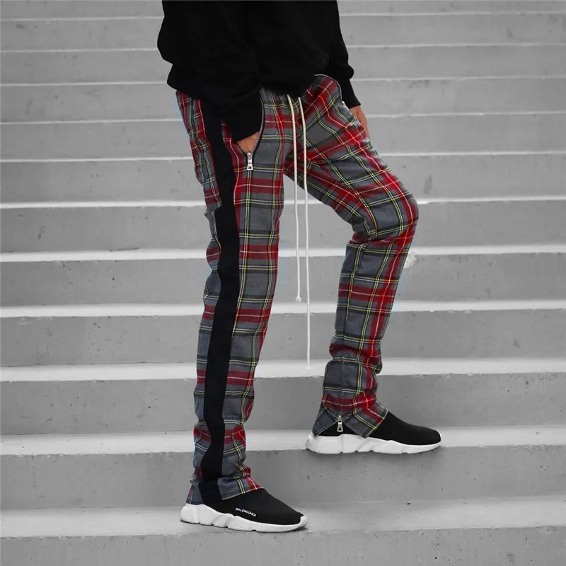 2020 New Fashion Men Sweatpants Hip Hop Pants Red Plaid Streetwear Zipper Slim Pencil Pants men Trousers Jogger Pants