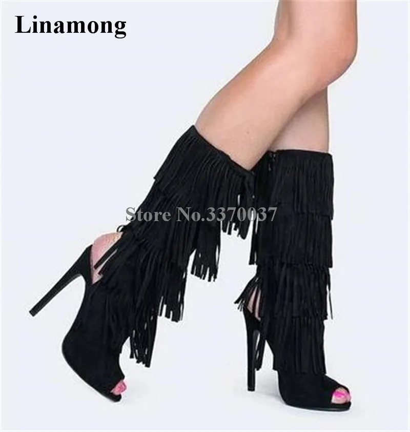 

Women Elegant Peep Toe Black Suede Leather Thin Heel Gladiator Tassels Boots Cut-out Fringed Mid-calf High Heel Boots Dress Shoe