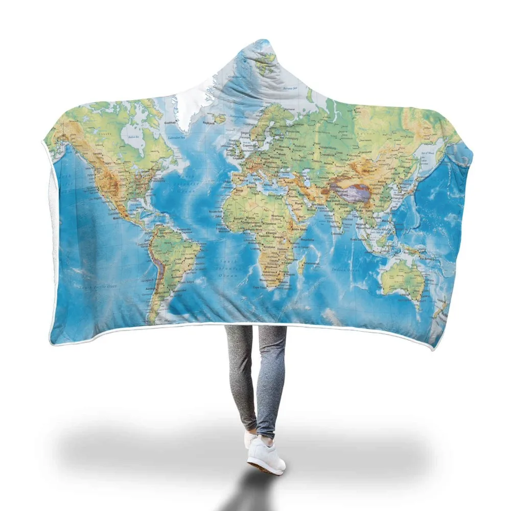 Hooded Blanket Cloak Thickened Double-Layer Plush Warm Blanket Home Tapestry 3D Digital Printing Map Series For Adults Youth