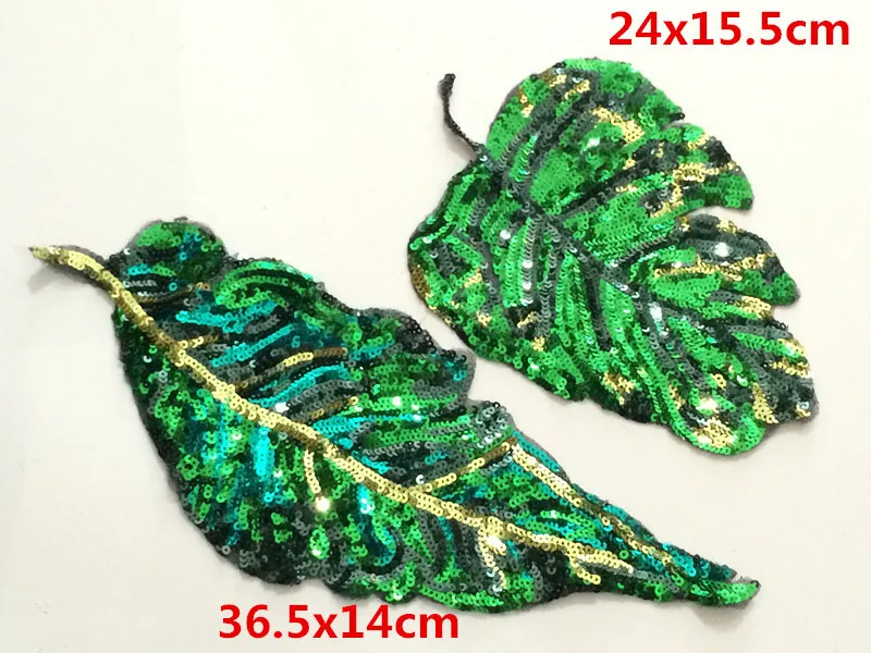 2pcs/lot Sew On Sequin Beaded Green Banana Leaf Patch Applique Patches For Clothing Dress Appliques Parches Bordados Ropa