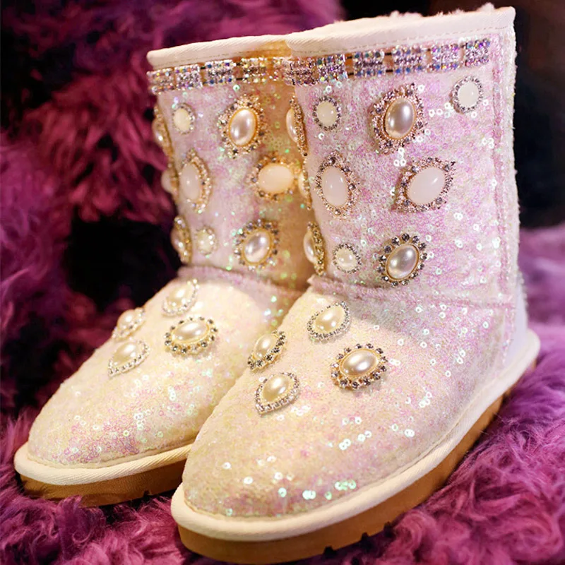 Woman Glossy Pearl Crystal Jewled Snow Boots  Winter Warm Plush Inside Flat Mid Boots Bling Bling Sequins Shoes