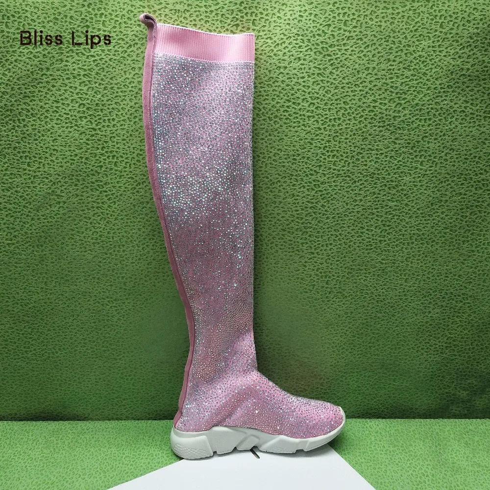 Platform Shoes Long Rhinestone Casual Shoes Pink Sneaker Long Tube Elastic Sock Rhinestone Flat Shoes Casual Shoes Women 34-45