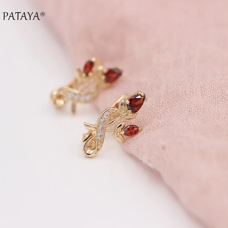 PATAYA Luxury Trendy Crystal Drop Earrings 585 Rose Gold Color Flower Cubic Zircon  Earrings Fashion Women Original Jewelry