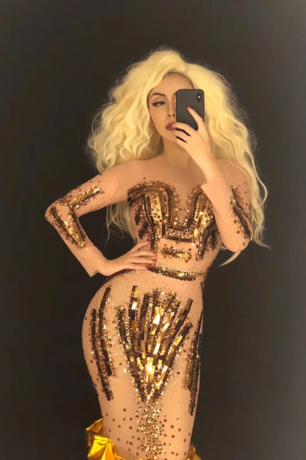 Kobiety świecące dżetów złote cekiny seksowna sukienka z tyłu formalna impreza dla piosenkarza jednoczęściowy kostium Bar występ na scenie