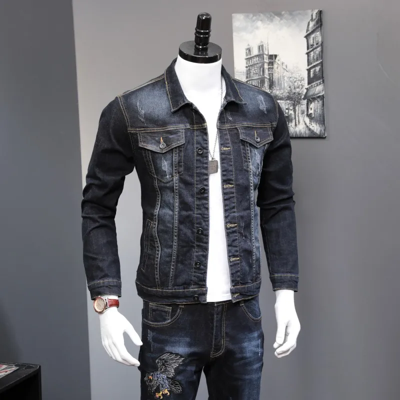 Spring New Fashion Men\'s 2 Piece Sets Vintage Embroidery Long Sleeve Slim Denim Jacket Coats And Jeans Pants Man Clothes