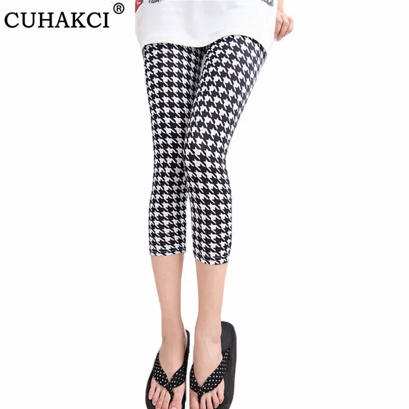 CUHAKCI สั้น Leggings การพิมพ์กางเกงผู้หญิงคุณภาพสูง Capris สูงเอวดอกไม้เลดี้ฟิตเนสกางเกงขายาว Slim