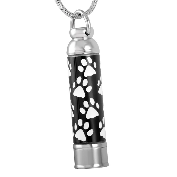 IJD8376 Pet Urn Memorial Pendant for Ash,Stainless Steel Black Perfume Bottle with White Paw Print Keepsake Cremation Necklace