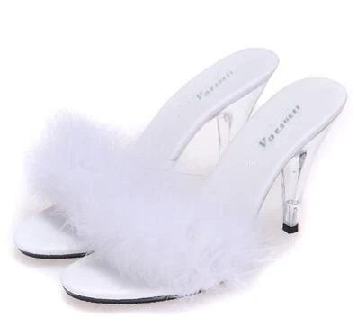 Shoe Woman Slides Slippers 2019 Transparent Crystal  Heels 10cm Weddings Shoe  Sexy Big Yards Interest maomao Slipper